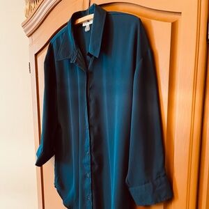 Cupio Blue Teal Button-Down Blouse 3/4 Sleeve Size Medium